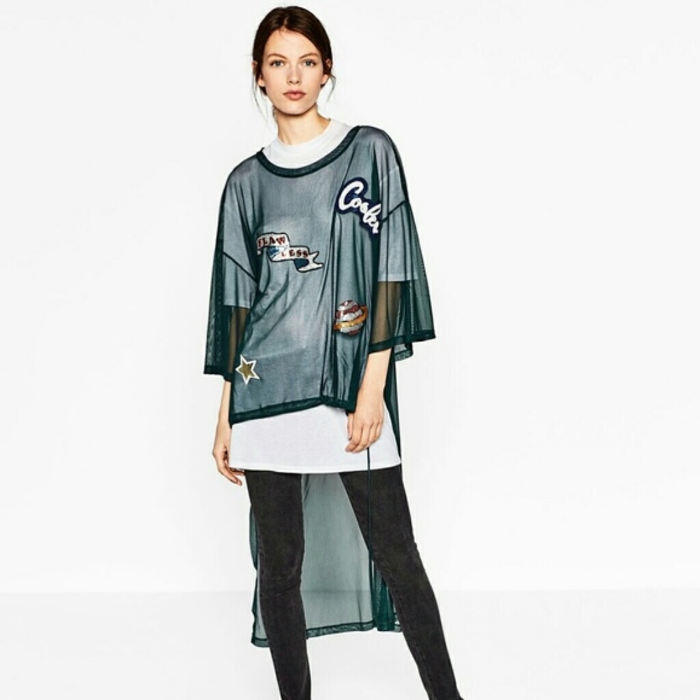 ZARA GREEN PATCH TULLE TSHIRT